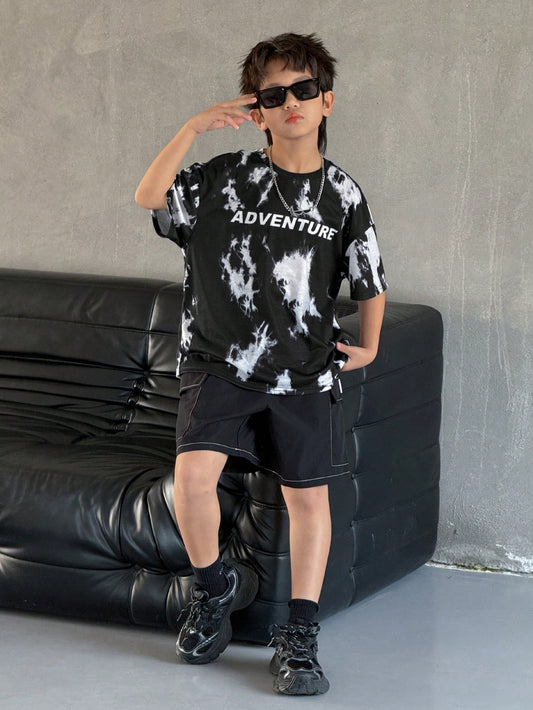 2pcs Tween Boys Tie-Dye Pattern Loose Round Neck T-Shirt And Contrast Color Stripe Pants Black