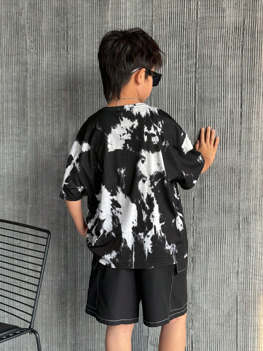 2pcs Tween Boys Tie-Dye Pattern Loose Round Neck T-Shirt And Contrast Color Stripe Pants