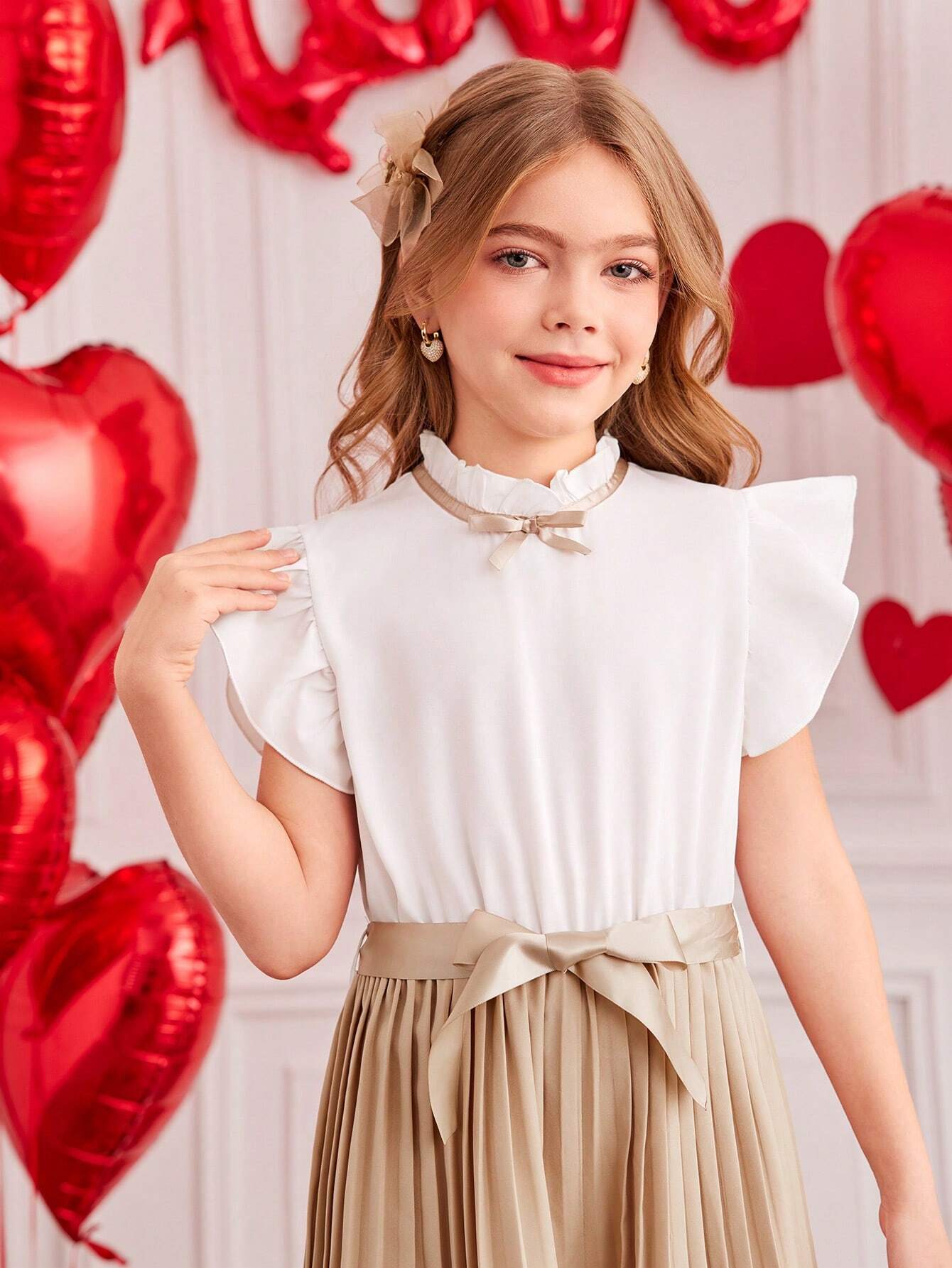 Girls' Floral Cap Sleeve Top With Bowknot And Pleated Jumpsuit