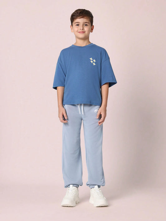 Tween Boys Comfy Oversized Fit Elbow Sleeve Tee And Contrast Slim Cuffed Jogger Blue