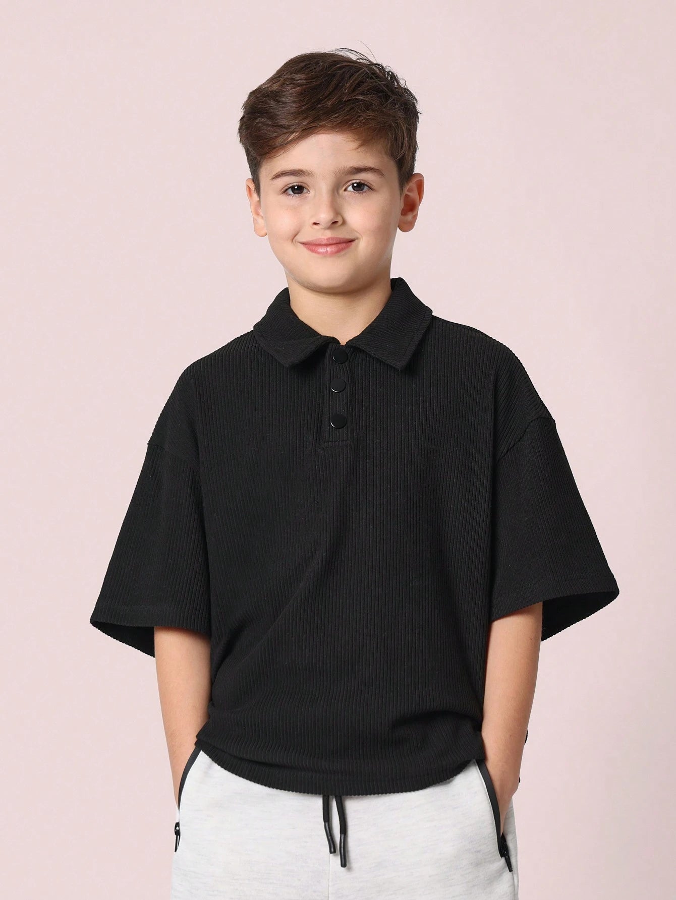 Tween Boys Comfy Oversized Fit Elbow Sleeve Rib Polo Shirt Black