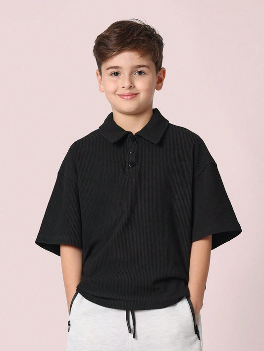 Tween Boys Comfy Oversized Fit Elbow Sleeve Rib Polo Shirt Black