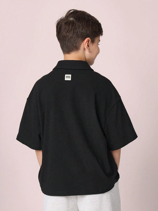 Tween Boys Comfy Oversized Fit Elbow Sleeve Rib Polo Shirt