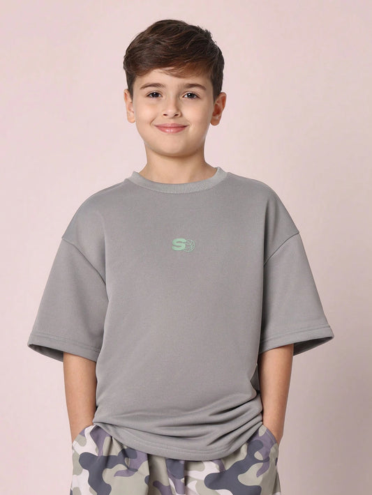 Tween Boys Comfy Oversized Fit Elbow Sleeve Tee With Small Basketball Graphic Print Dark Grey
