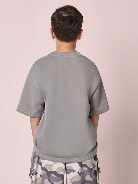 Tween Boys Comfy Oversized Fit Elbow Sleeve Tee With Small Basketball Graphic Print