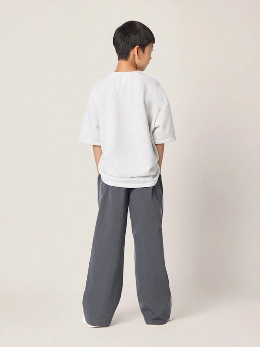 Tween Boys Comfy Oversized Fit Elbow Sleeve Tee With Small Graphic Print And Contrast Loose Fit Parachute Nylon Pant