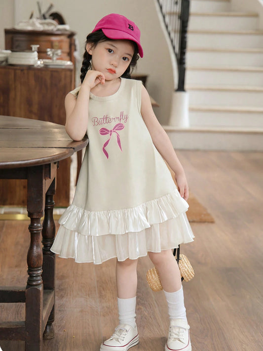 Mummy & Mee, Humor Bear Young Girl Casual Fashion Organza Letter Bow Print Sleeveless Apricot