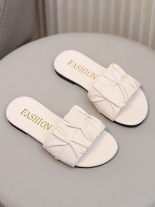 New Round Headed Fabric Pleated Design For Girls' Outdoor Slippers Beige