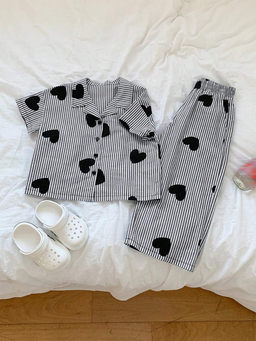 DAZY Front Button Short Sleeve Heart Printed Simple Top And Long Pant