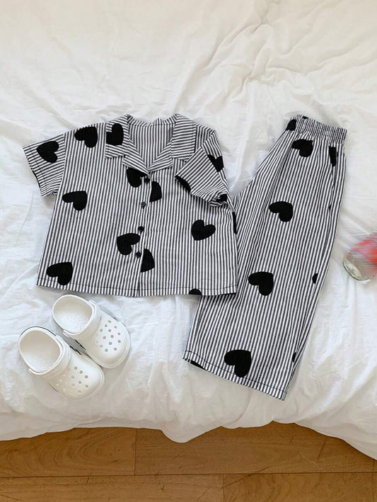 DAZY Front Button Short Sleeve Heart Printed Simple Top And Long Pant