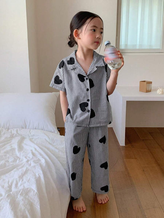 DAZY Front Button Short Sleeve Heart Printed Simple Top And Long Pant Black & White