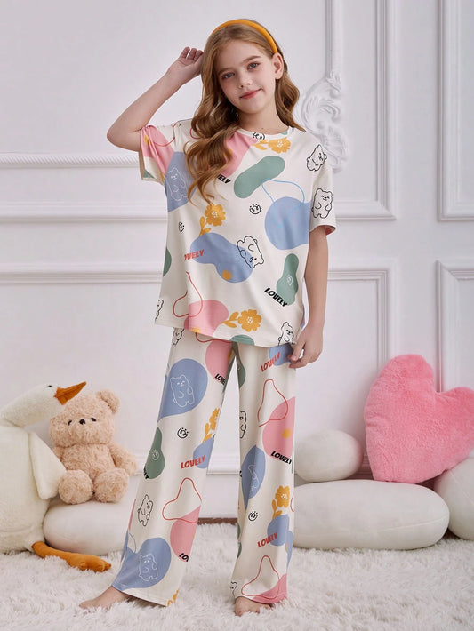 Tween Girl Cartoon Bear Print Crew Neck Short Sleeve Loose Casual Home Pajama Set White