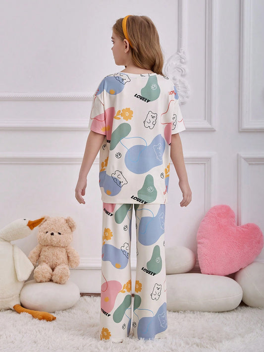 Tween Girl Cartoon Bear Print Crew Neck Short Sleeve Loose Casual Home Pajama Set