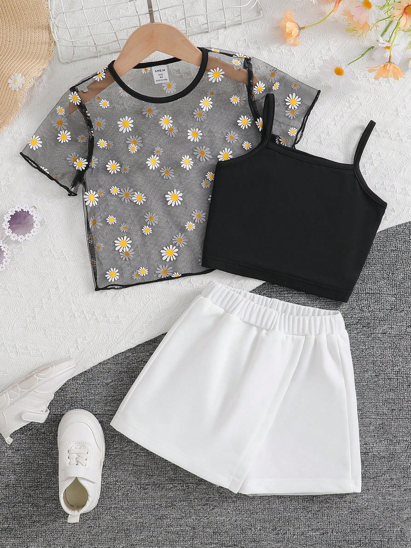 Vacation Beach Daisy Print Mesh Cover Up + Knitted Camisole Tank Top + Knitted Skirt Black