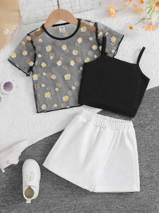 Vacation Beach Daisy Print Mesh Cover Up + Knitted Camisole Tank Top + Knitted Skirt Black