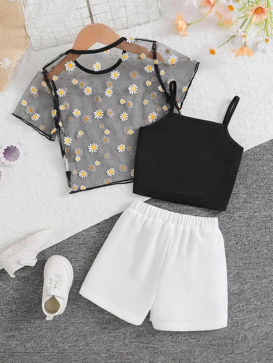 Vacation Beach Daisy Print Mesh Cover Up + Knitted Camisole Tank Top + Knitted Skirt