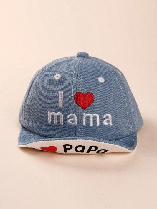 I Love Mama & Papa Embroidery Denim Sunshade Snapback Cap Baby Blue 1-3Y