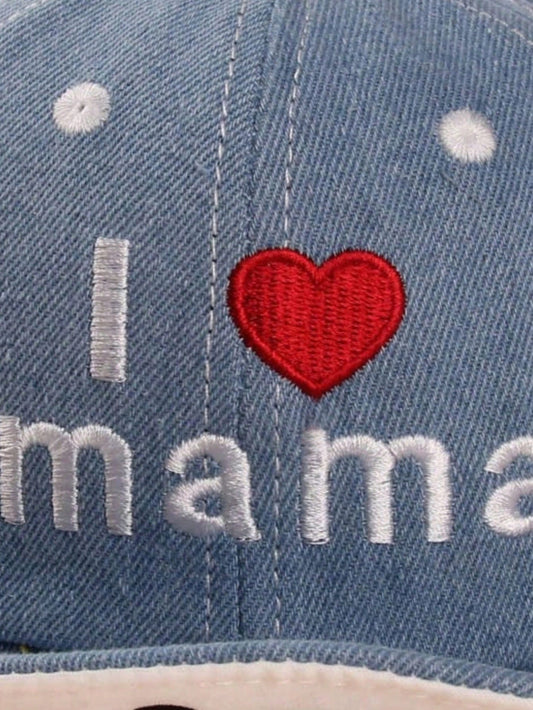 I Love Mama & Papa Embroidery Denim Sunshade Snapback Cap