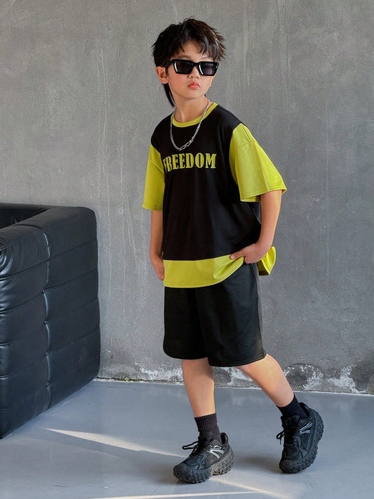 Tween Boy Contrast Color 2 In 1 Set: Loose Letter Graphic Round Neck Short Sleeve T-Shirt And Black Shorts Green