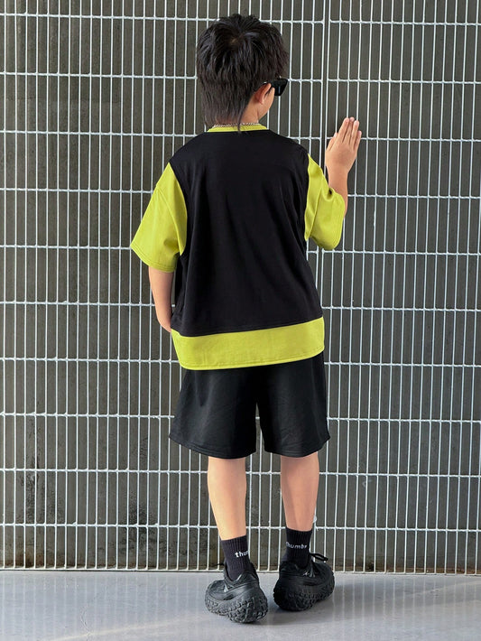 Tween Boy Contrast Color 2 In 1 Set: Loose Letter Graphic Round Neck Short Sleeve T-Shirt And Black Shorts