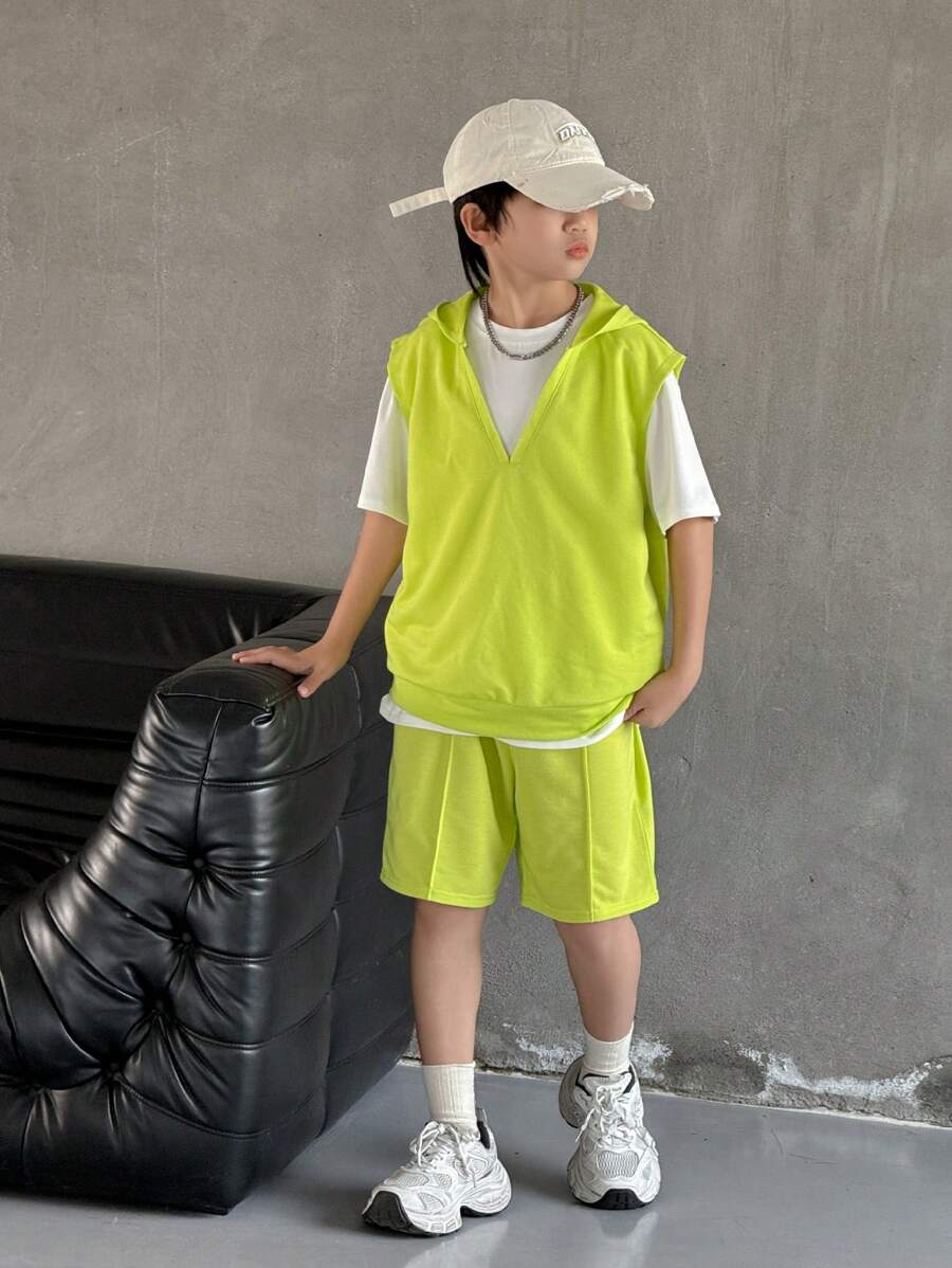 Tween Boys Casual Sports Solid Color Hoodie Vest, Crew Neck Tee & Shorts