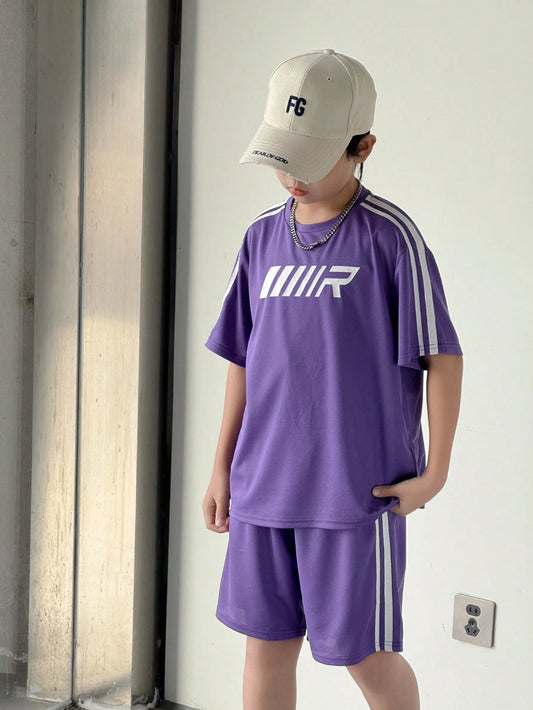 2pcs Tween Boys Casual Striped Short Sleeve T-Shirt And Shorts Set Purple