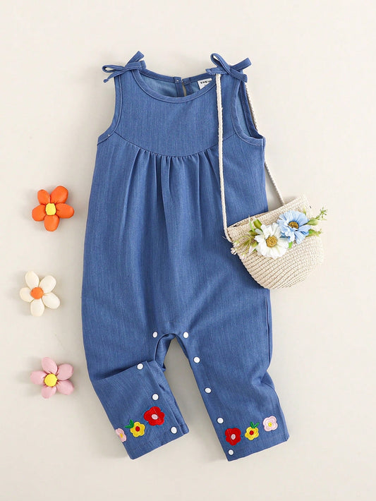 Baby Girls Toddler Floral Embroidery Sleeveless Jumpsuit With Bow Decor Blue 9-12M