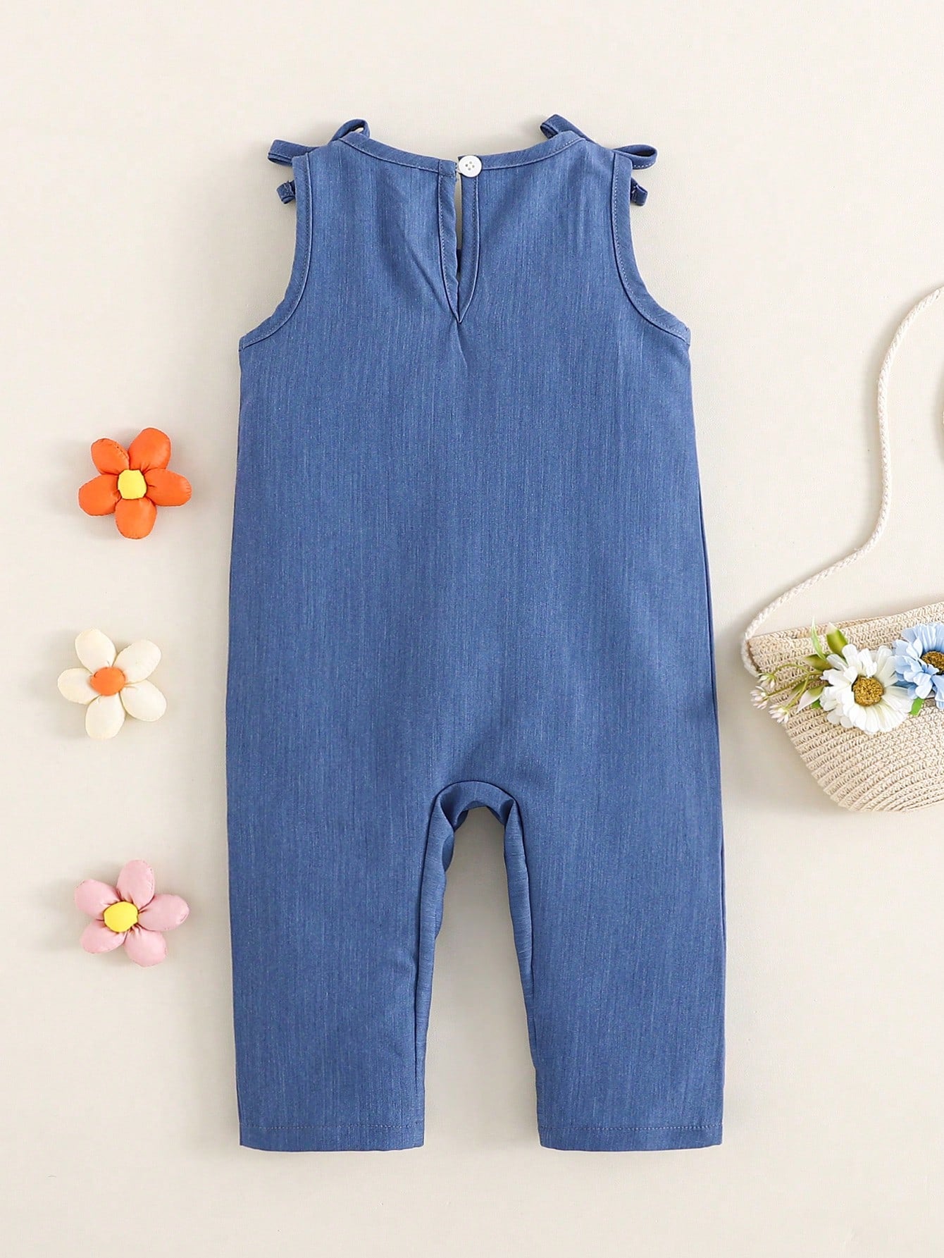 Baby Girls Toddler Floral Embroidery Sleeveless Jumpsuit With Bow Decor