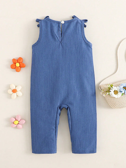 Baby Girls Toddler Floral Embroidery Sleeveless Jumpsuit With Bow Decor