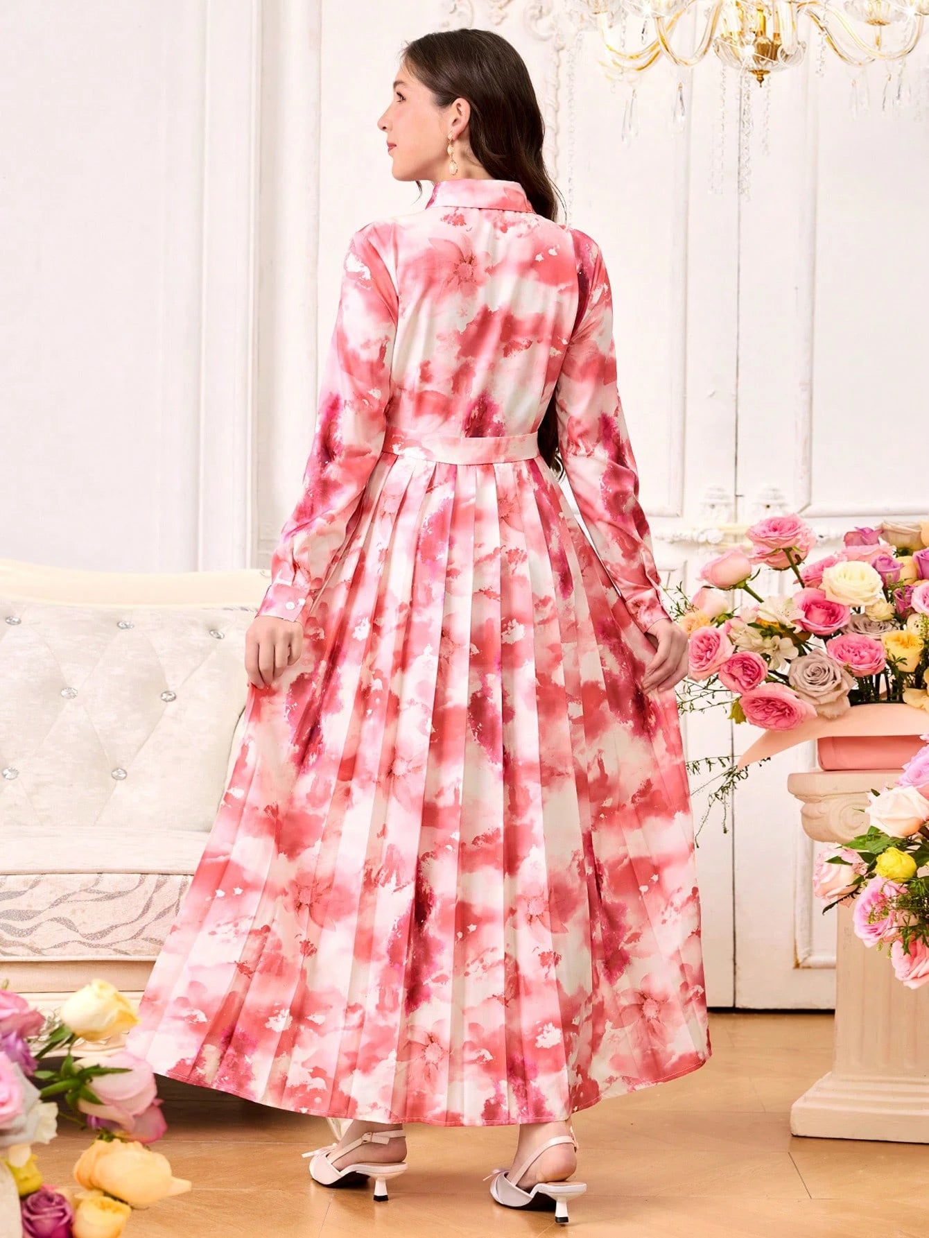 Teenage Girls Elegant Floral Print Collared Long Sleeve Pleated Hem Dress