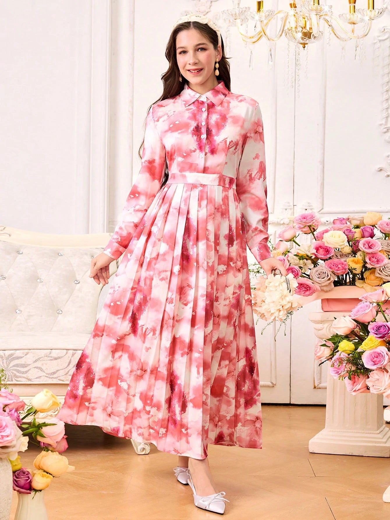 Teenage Girls Elegant Floral Print Collared Long Sleeve Pleated Hem Dress Multicolor 3