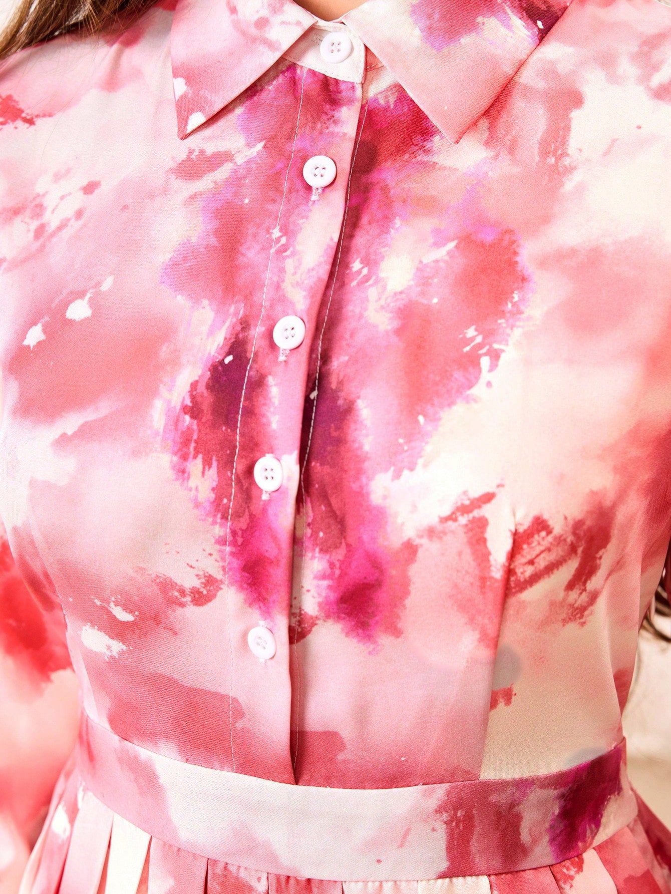 Teenage Girls Elegant Floral Print Collared Long Sleeve Pleated Hem Dress