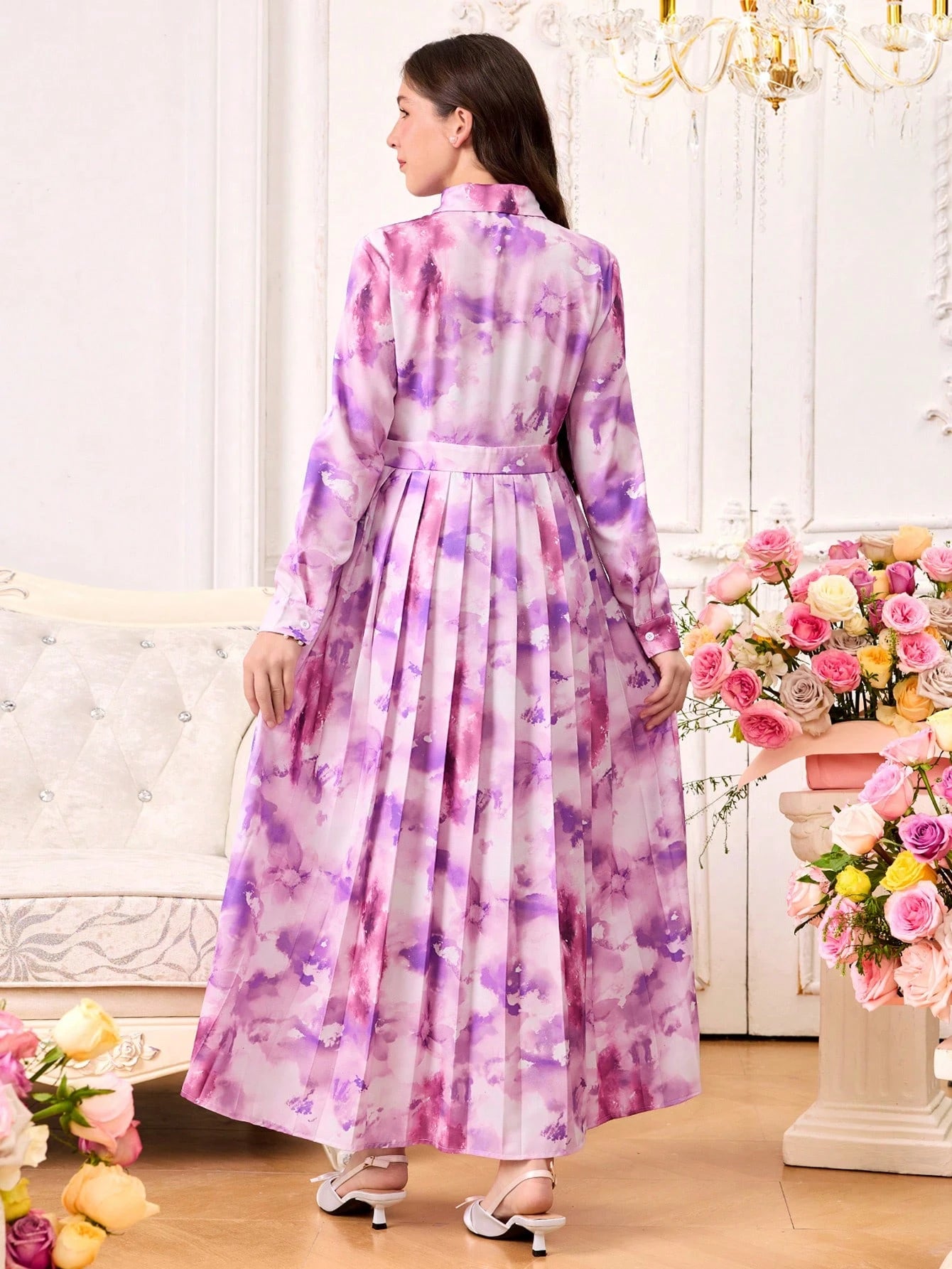 Teenage Girls Elegant Floral Print Collared Long Sleeve Pleated Hem Dress