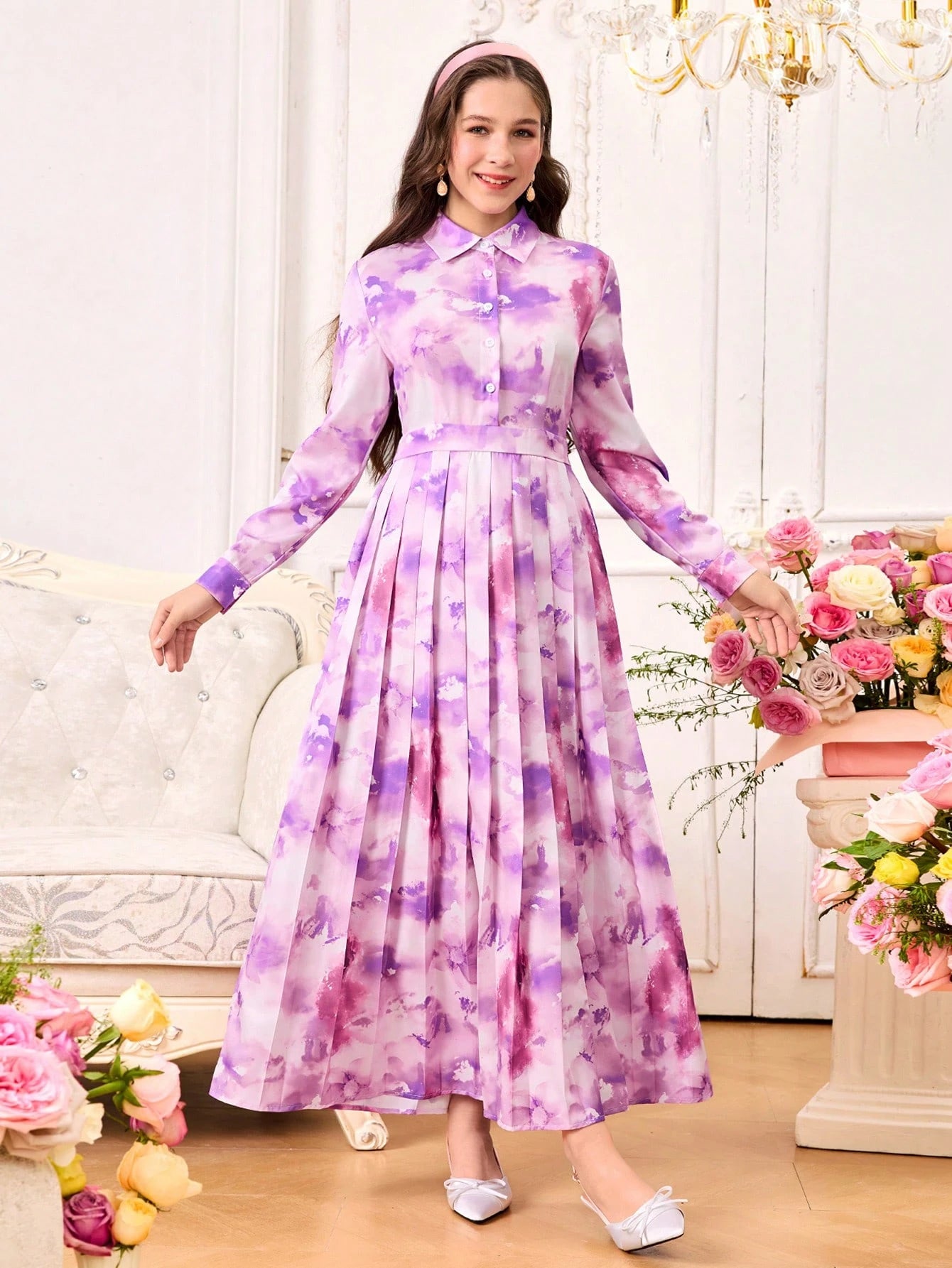 Teenage Girls Elegant Floral Print Collared Long Sleeve Pleated Hem Dress Multicolor 2