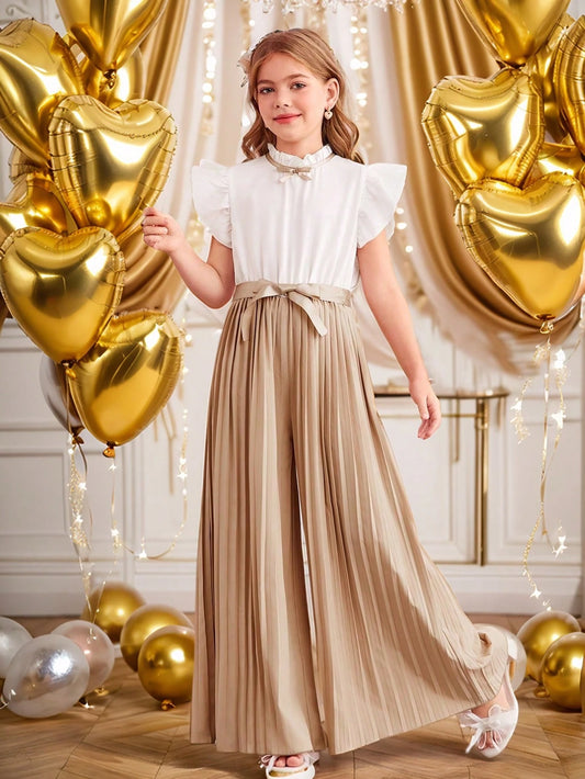 Girls' Floral Cap Sleeve Top With Bowknot And Pleated Jumpsuit Multicolor