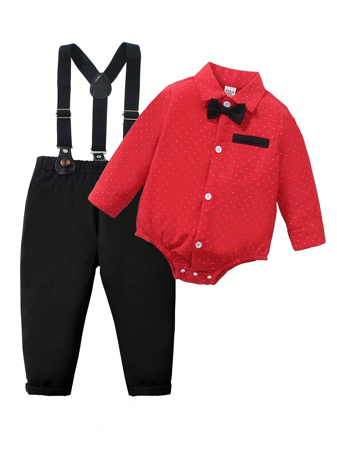 2pcs Baby Boy Gentleman Outfit, Polka Dot Long Sleeve Bowtie Shirt + Comfortable Bib Overalls Pants