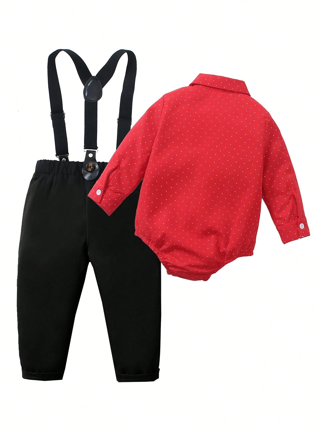 2pcs Baby Boy Gentleman Outfit, Polka Dot Long Sleeve Bowtie Shirt + Comfortable Bib Overalls Pants