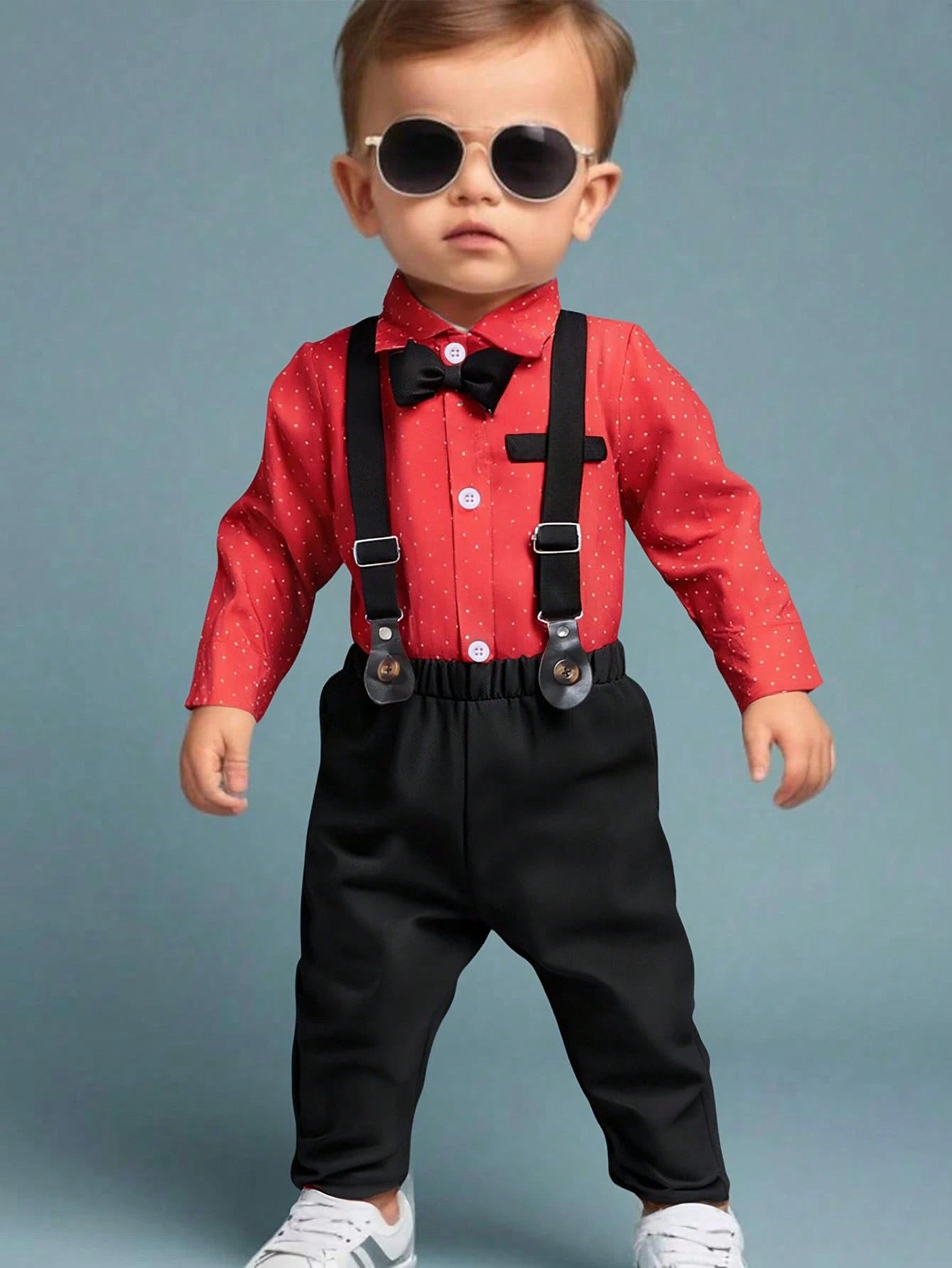 2pcs Baby Boy Gentleman Outfit, Polka Dot Long Sleeve Bowtie Shirt + Comfortable Bib Overalls Pants Multicolor 6
