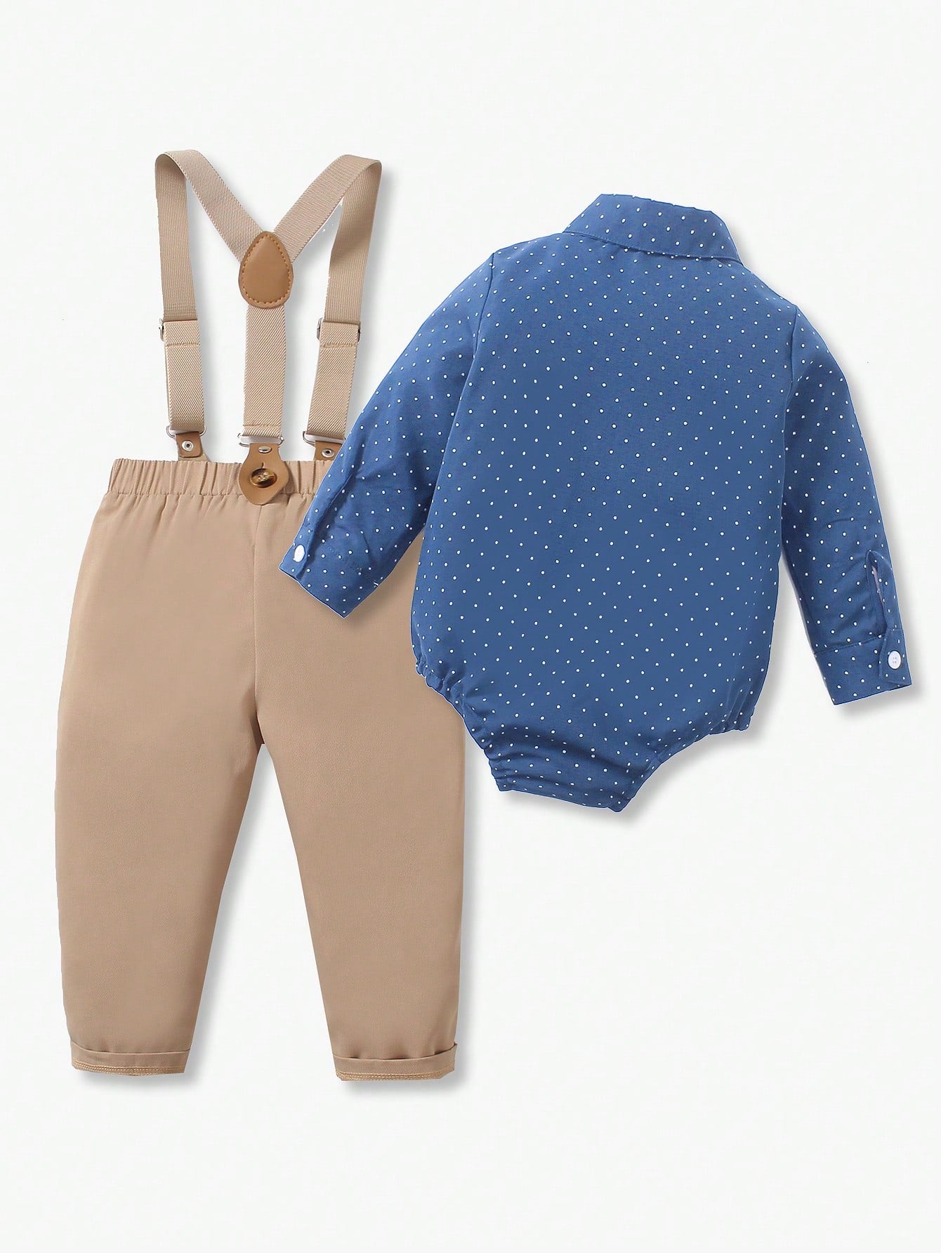 2pcs Baby Boy Gentleman Outfit, Polka Dot Long Sleeve Bowtie Shirt + Comfortable Bib Overalls Pants
