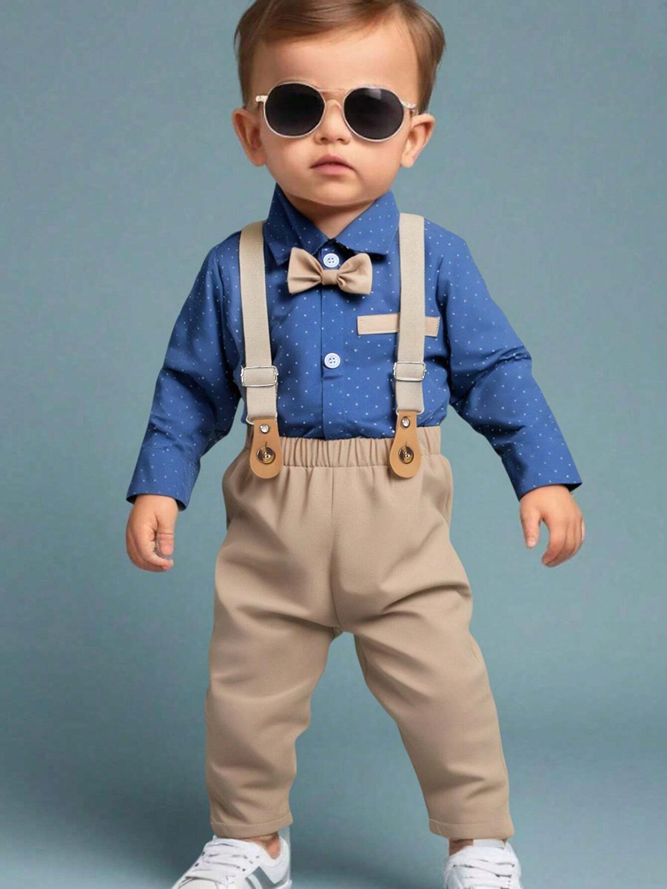 2pcs Baby Boy Gentleman Outfit, Polka Dot Long Sleeve Bowtie Shirt + Comfortable Bib Overalls Pants Multicolor 5