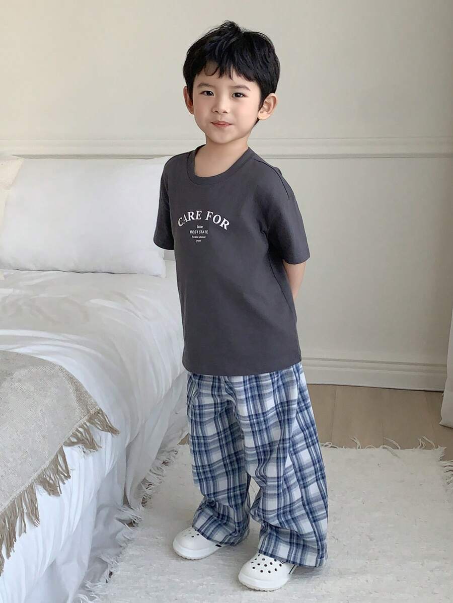 Toddler Boys Round Neck Letter Print Short Sleeve Knit T-Shirt & Woven Plaid Pants