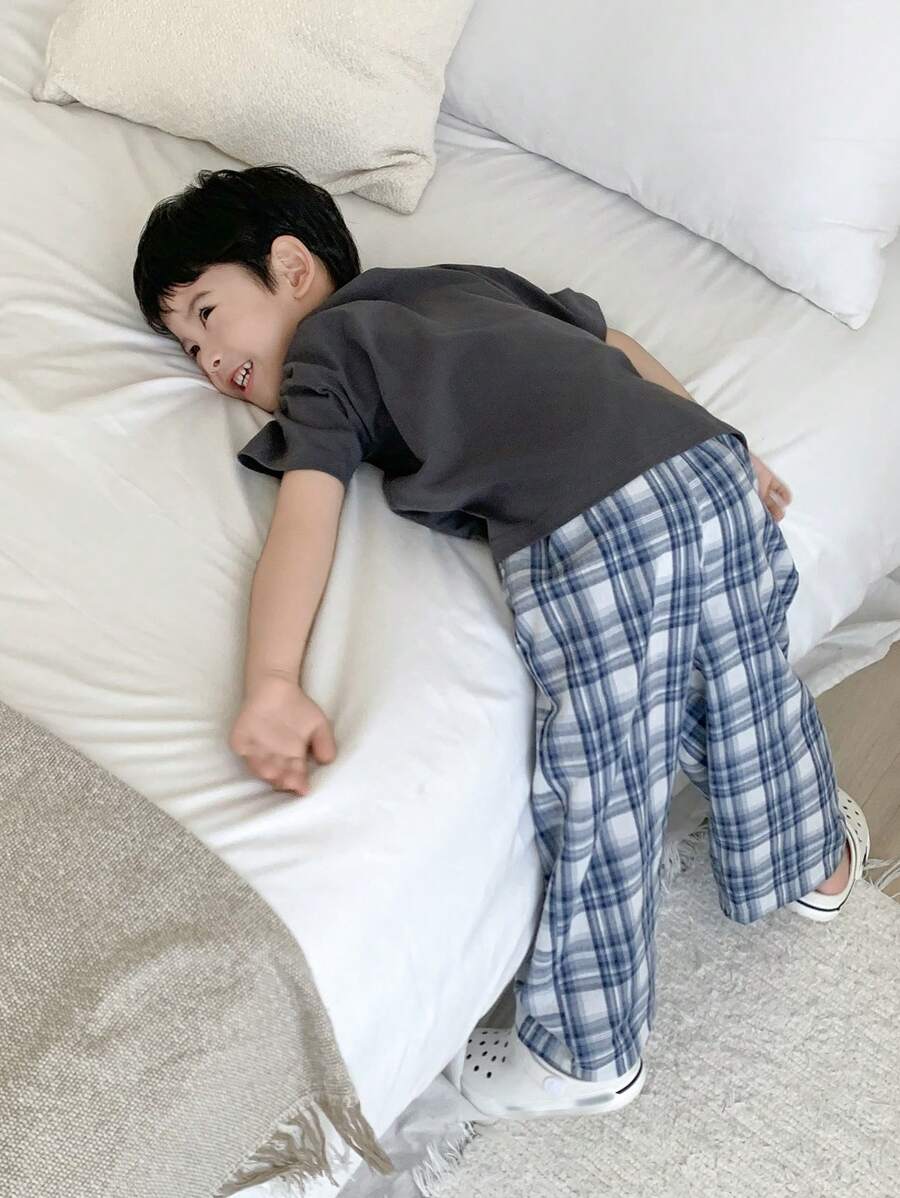Toddler Boys Round Neck Letter Print Short Sleeve Knit T-Shirt & Woven Plaid Pants