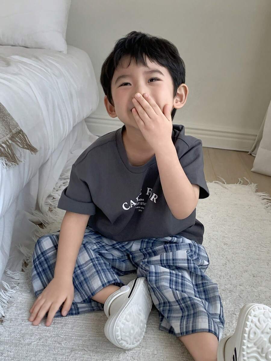 Toddler Boys Round Neck Letter Print Short Sleeve Knit T-Shirt & Woven Plaid Pants Grey
