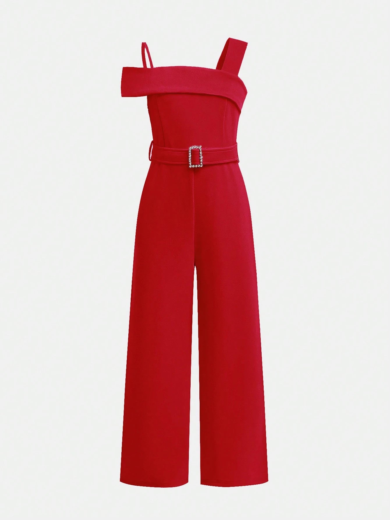 Tween Girl Daily Casual Woven Solid Color Strap Jumpsuit Red