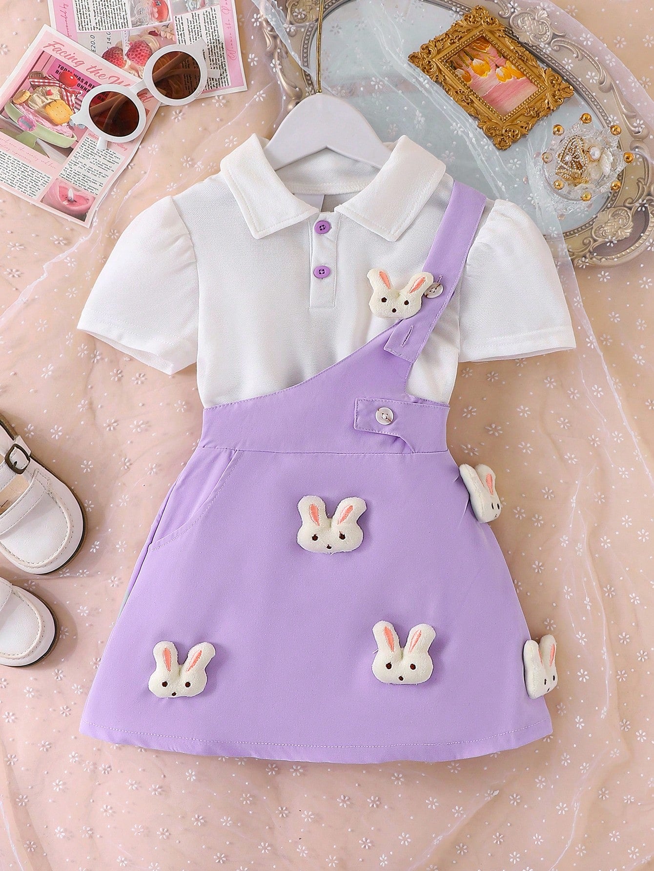 Young Girl Rabbit Short Sleeve Top And Bib Dress Set