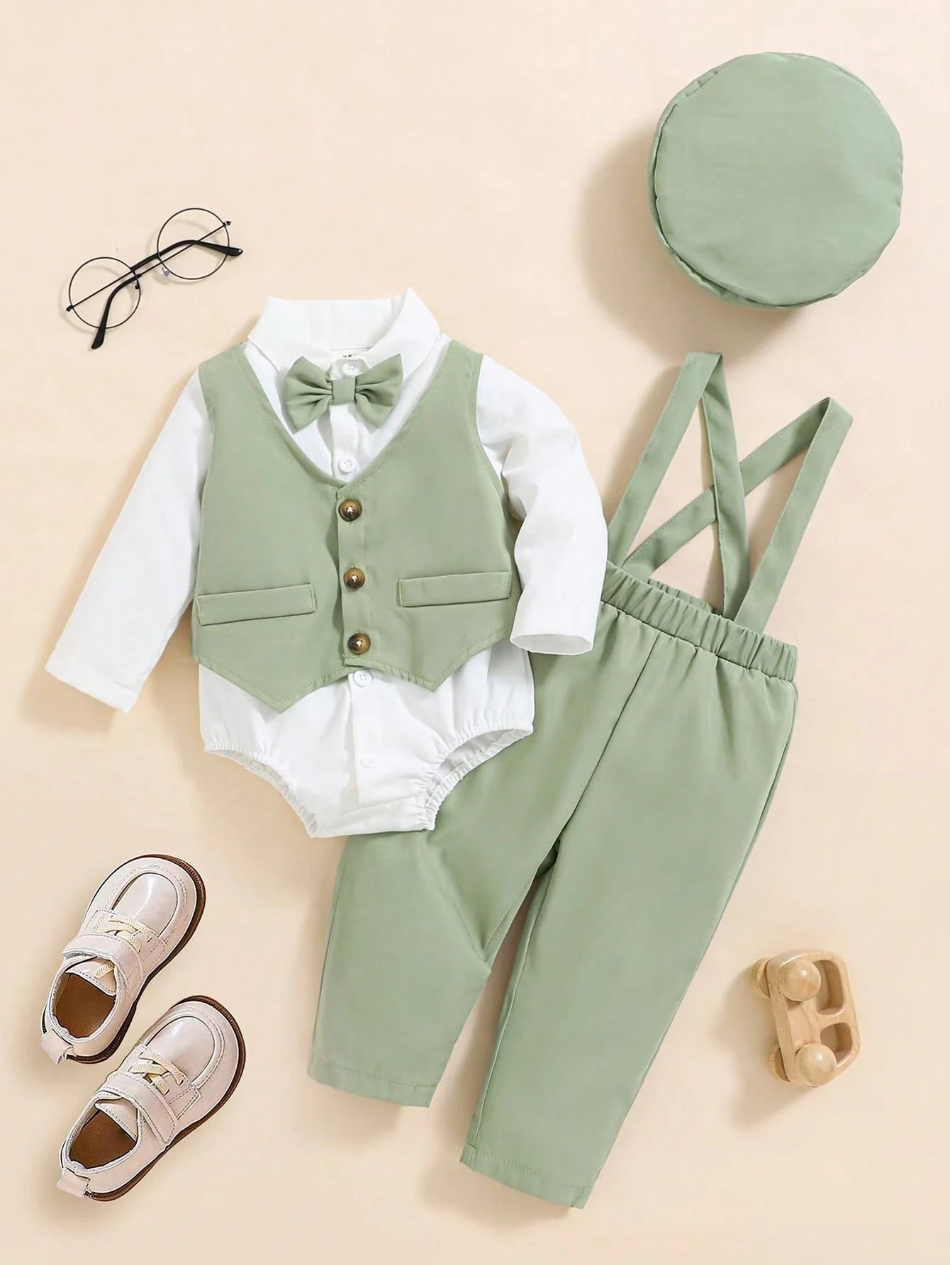 Multiple Pieces Baby Boy's Gentleman Style Buttoned Shirt With Bowtie, Suspender & Long Pants Army Green
