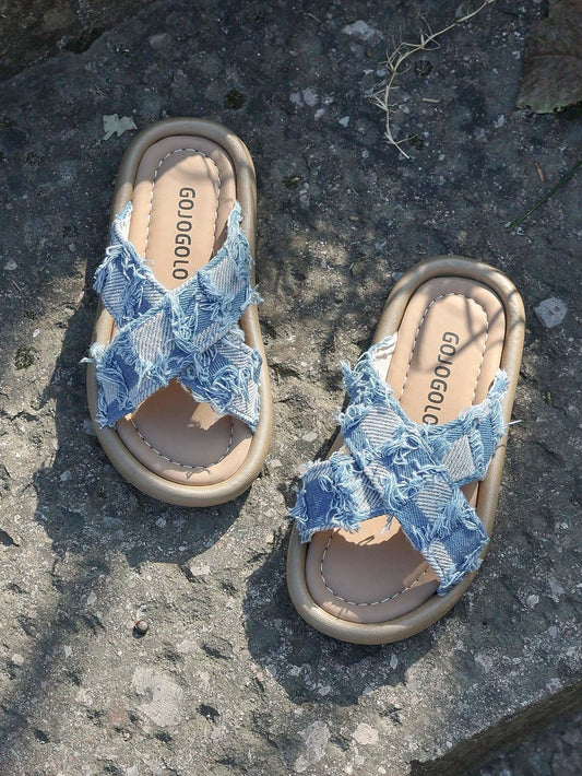 Mini Handmade Wood Pulp Bottom Boken Slippers Blue
