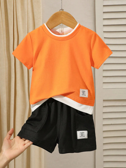Y2K Street Fashion Graphic Contrast Color Hem Round Neck Short Sleeve T-Shirt & Elastic Waist Pocket Shorts