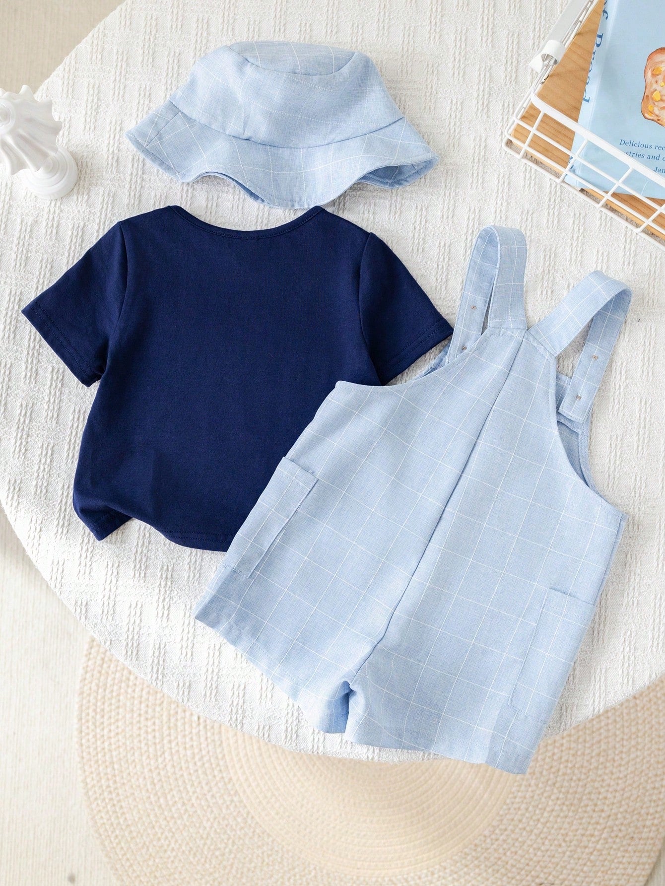 3pcs Baby Boy Casual Holiday Knit Blue T-Shirt, Plaid Overalls, Suspender Pants, Sun Hat Set