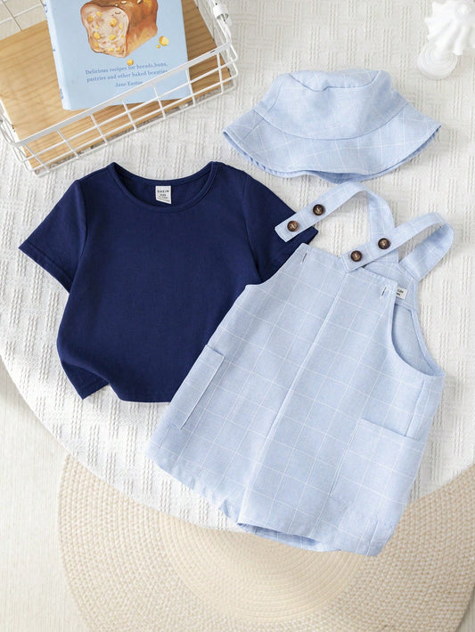 3pcs Baby Boy Casual Holiday Knit Blue T-Shirt, Plaid Overalls, Suspender Pants, Sun Hat Set
